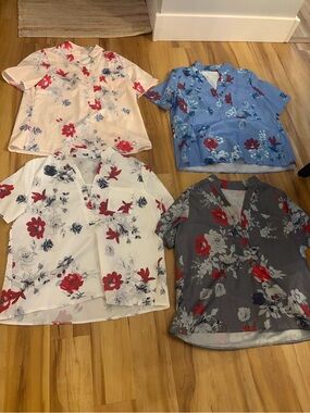 4- Floral Short-Sleeve V-Neck scrub type tops 2XL great condition